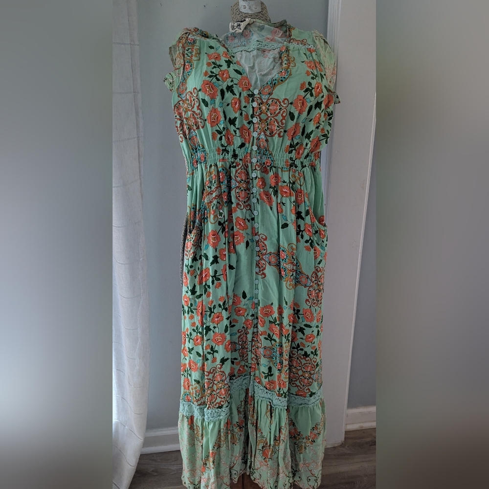 Dress, Boho Green Floral Maxi